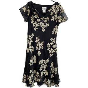 Vintage Kari's Korner Women's Size 12 Black Cream Floral Layered Midi Dress